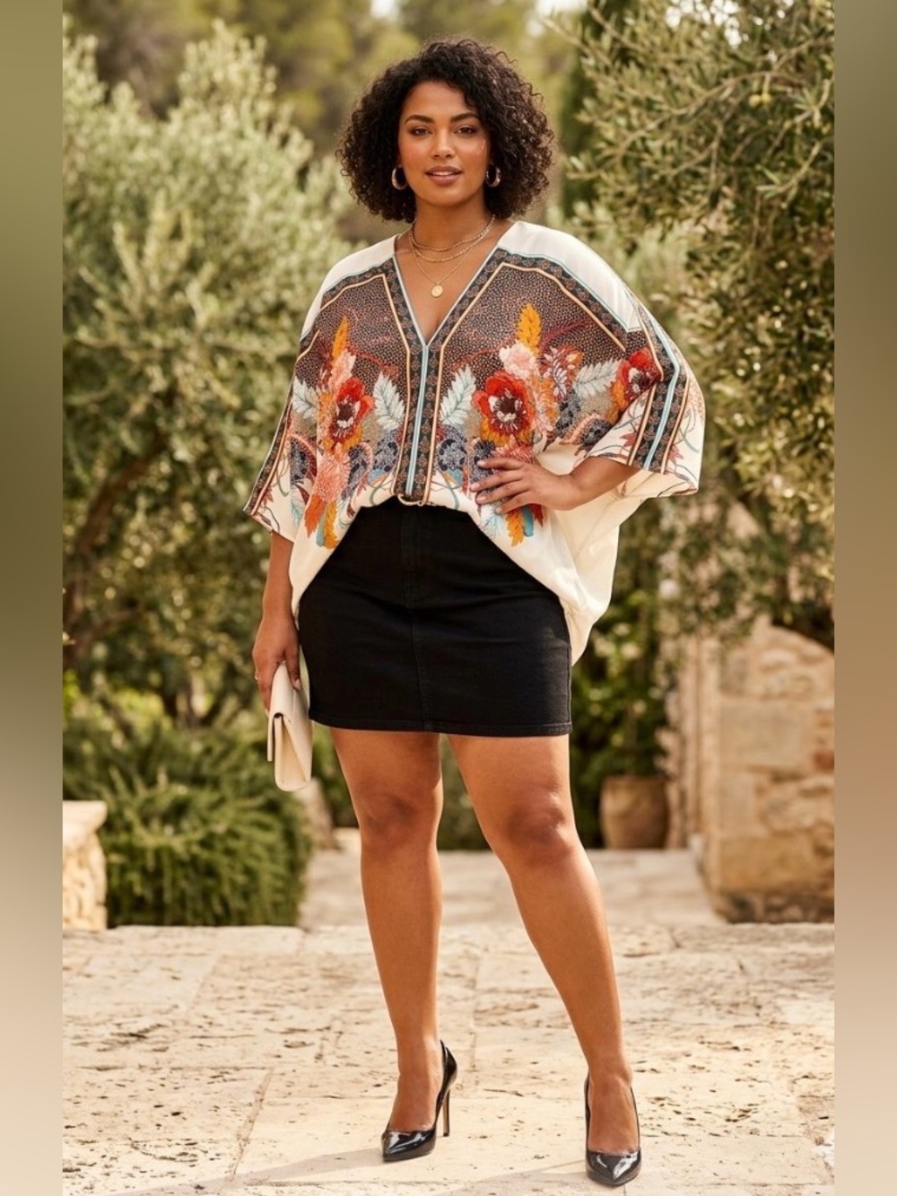 Rose & Olive White Floral Kimono Top with Orange and Teal Accents